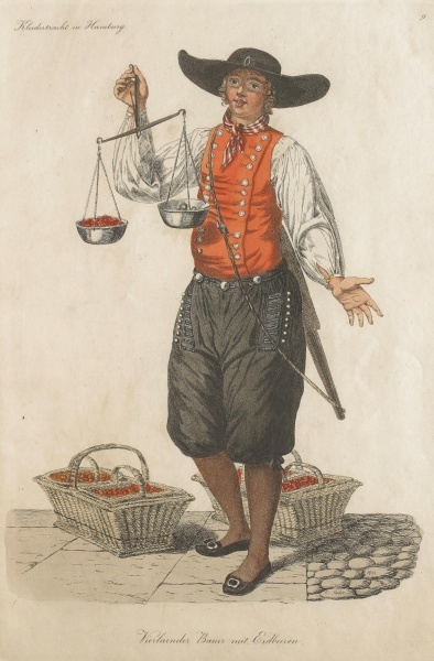 Christoph Suhr, Vierländer Bauer mit Erdbeeren, 1822, (Bildquelle: Christoph Suhr, Hamburgische Trachten 1822, S. 25 Online-Ausgabe Digitalisiert durch die Universitätsbibliothek J.C. Senckenberg Frankfurt am Main [2011]URN urn:nbn:de:hebis:30:4-244872) (1)