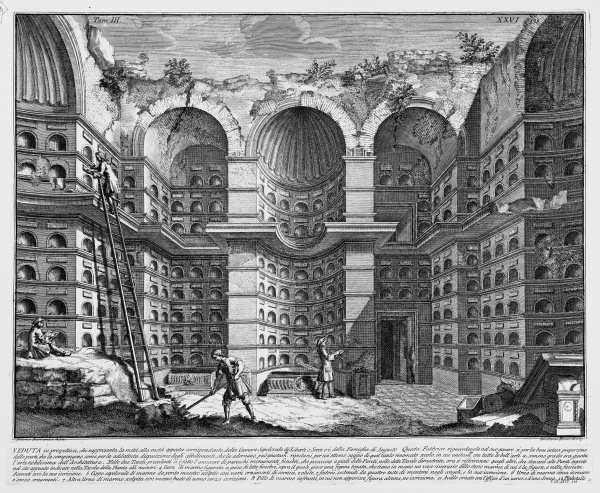 Das Columbarium der Livia in Rom, Stich von Piranesi, 1756 (By Giovanni Battista Piranesi - Wikisource has a page about this at: Le antichità Romane, t. III, tav. XXVI.Le antichità Romane. Tomo III, tav. XXVI. // Opere di Giovanni Battista Piranesi, Francesco Piranesi e d‘altri. Firmin Didot Freres, Paris, 1835-1839. Tomo 3.Scans from www.coe.l.u-tokyo.ac.jp, Public Domain, https://commons.wikimedia.org/w/index.php?curid=18417652)