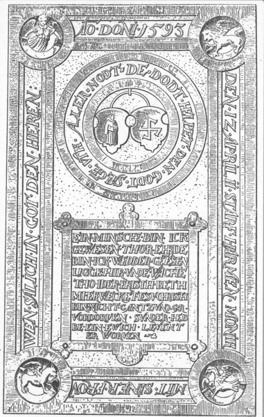 Grabplatte für Harmen Monnik von 1593 im Brauthaus der Kirche St. Severini und Zeichnung der Grabplatte vom Flyer des Fördervereins St. Severini zu Kirchwerder