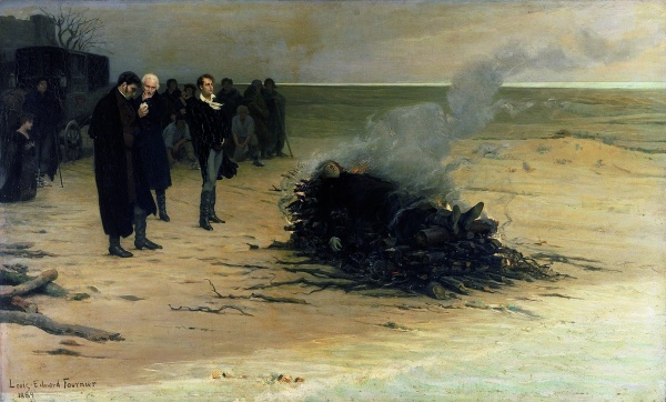 Trelawny, Hunt und Byron verbrennen Shelleys Leichnam, Gemälde von Louis Édouard Fournier, 1889 (Von Louis Édouard Fournier - uwFW5-eMuEhgAA at Google Cultural Institute maximum zoom level, Gemeinfrei, https://commons.wikimedia.org/w/index.php?curid=21878836)
