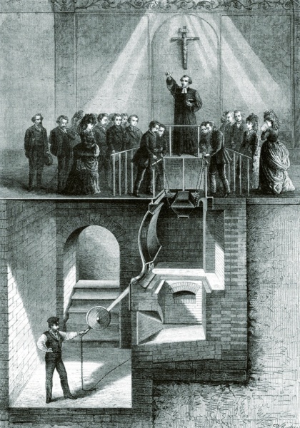 Technik und Trauer: Skizze einer Feuerbestattung (aus: 100 Jahre Krematorium und Urnenhain in Dresden 1910–2011, Beucha/Markkleeberg 2011)