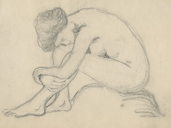Alice Nordin (1871–1948): Undatierte Bleistiftzeichnung mit sitzender Frauengestalt in Trauerhaltung © Alice Nordins Archiv, Kvinn Sam, Universitätsbibliothek Göteborg (12)